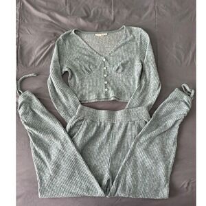 So Lounge Set Ribbed Cropped Cardigan Jogger Pants Sage Green Women's Medium